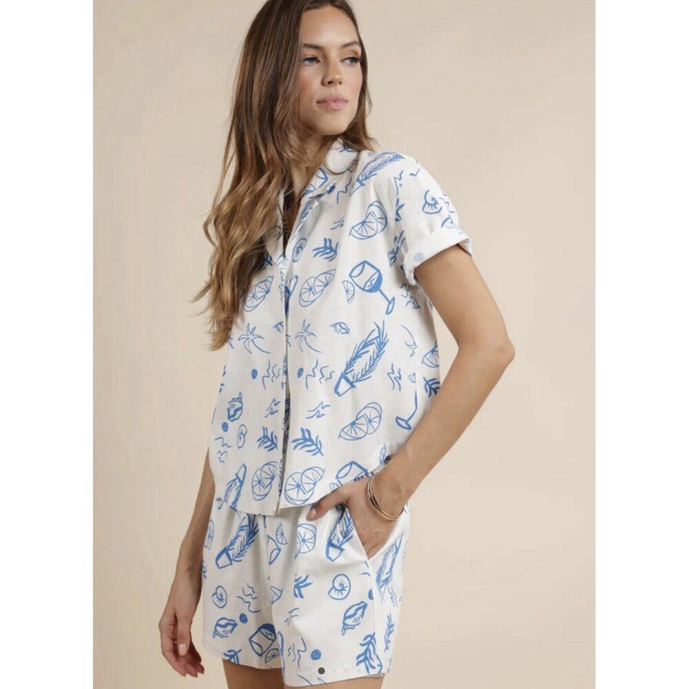 Women’s Citrus Splash Button Up Shirt Coastal Tropical Loungewear Large Drinks
